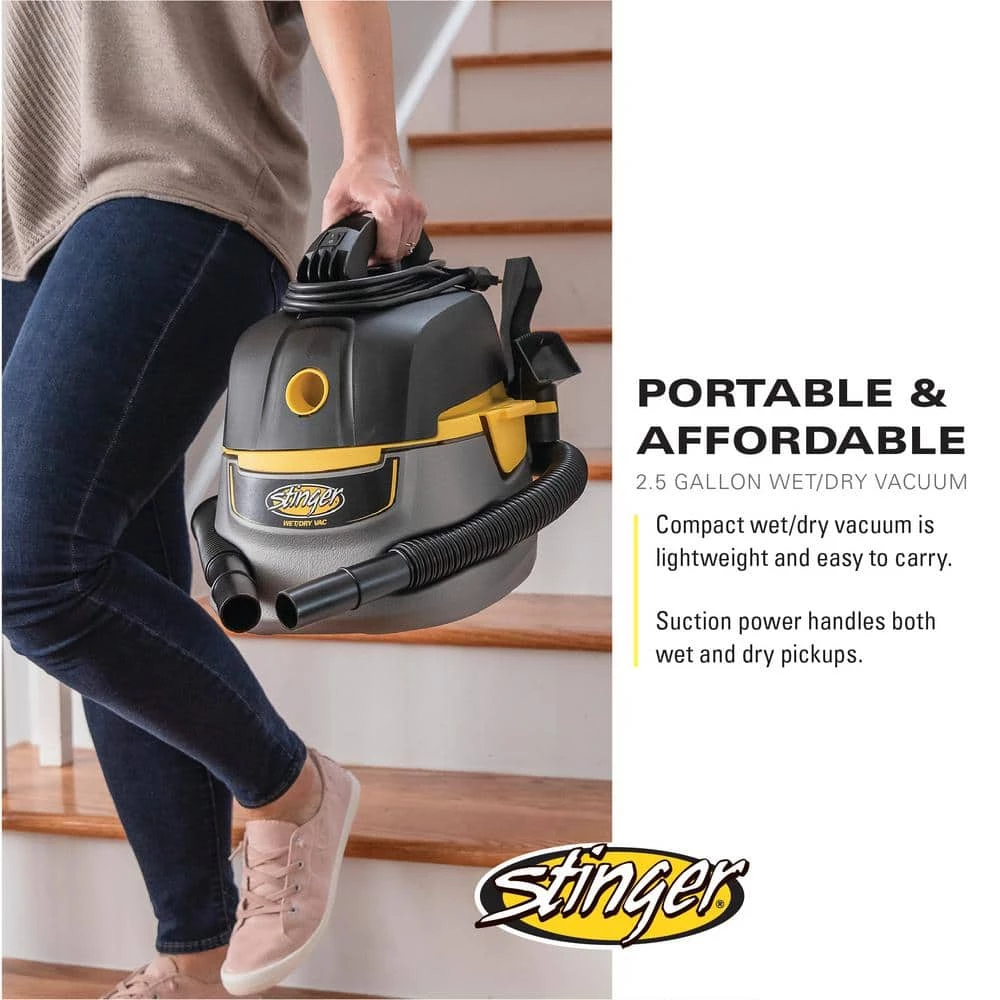 Stinger 2.5 Gallon 1.75 Peak HP Compact Wet/Dry Shop Vacuum with Filter Bag, Hose and Accessories - Image 12