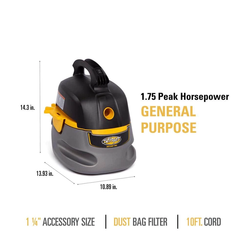 Stinger 2.5 Gallon 1.75 Peak HP Compact Wet/Dry Shop Vacuum with Hose, Accessories and Six Filter Bags - Image 5