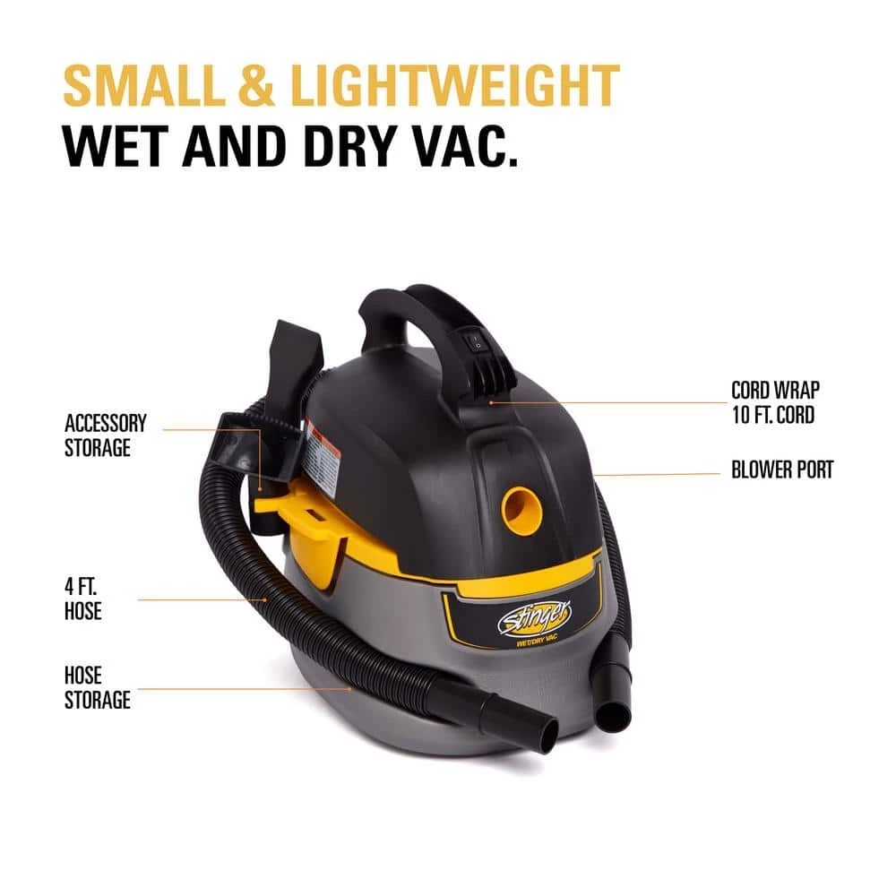 Stinger 2.5 Gallon 1.75 Peak HP Compact Wet/Dry Shop Vacuum with Hose, Accessories and Six Filter Bags - Image 3