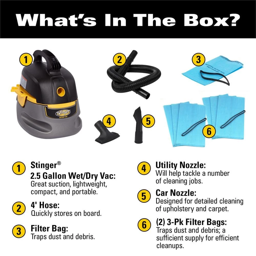 Stinger 2.5 Gallon 1.75 Peak HP Compact Wet/Dry Shop Vacuum with Hose, Accessories and Six Filter Bags - Image 2