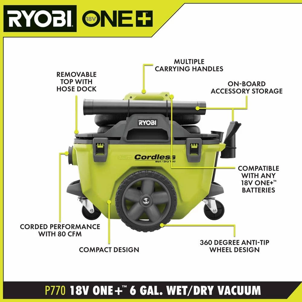 RYOBI ONE+ 18V 6 Gal. Cordless Wet/Dry Vacuum with FREE 4.0 Ah Lithium-Ion HIGH PERFORMANCE Battery - Image 3