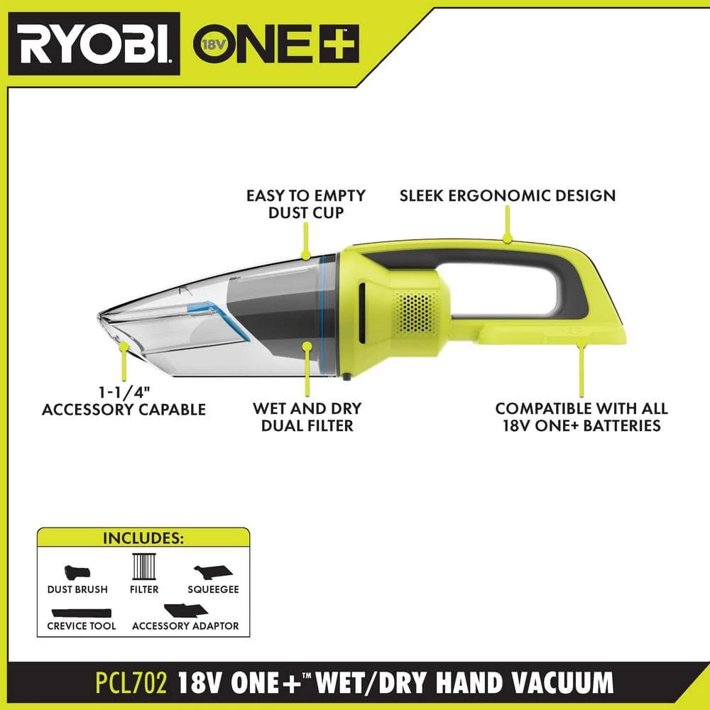 RYOBI ONE+ 18V Cordless Wet/Dry Hand Vacuum Kit with 2.0 Ah Battery and Charger - Image 3