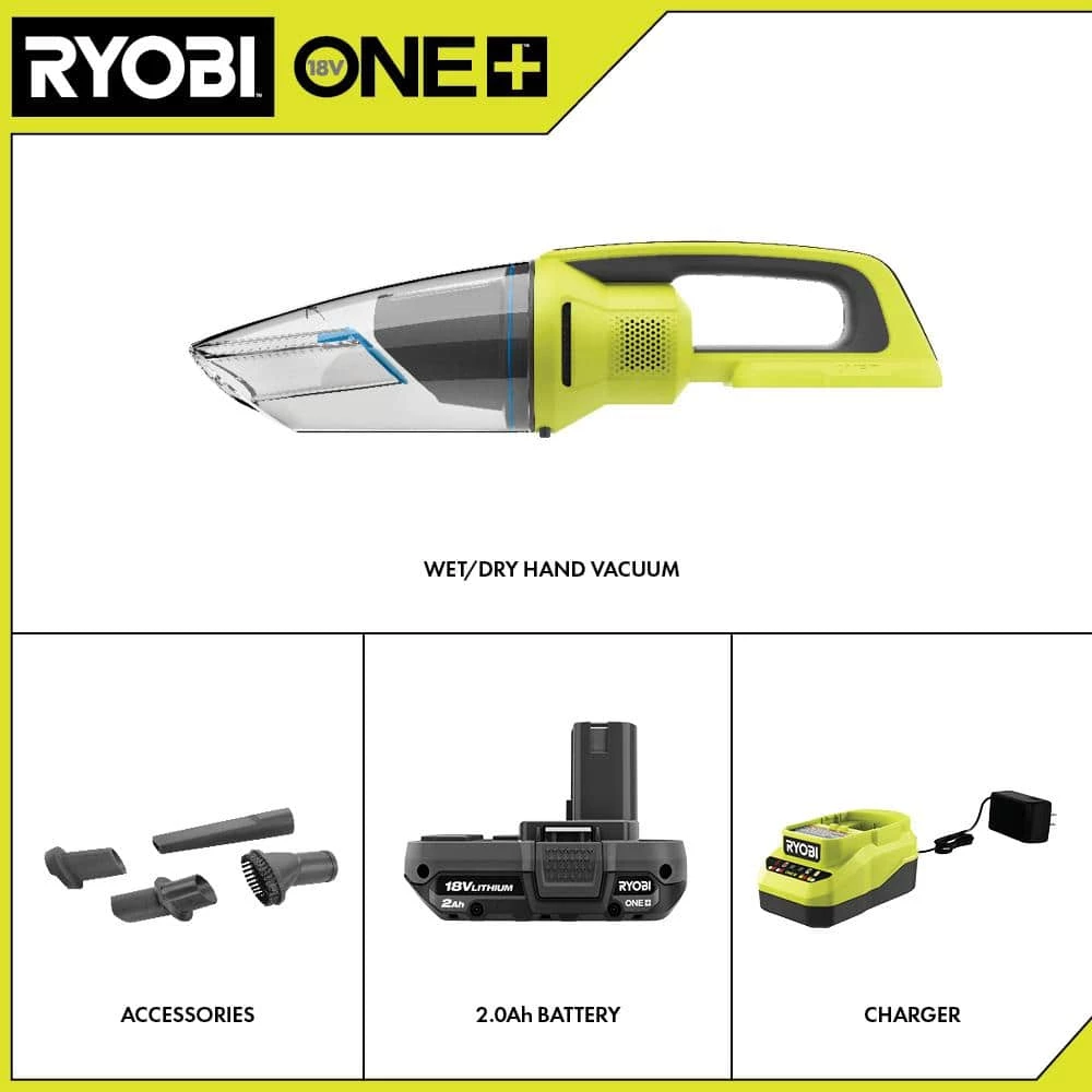 RYOBI ONE+ 18V Cordless Wet/Dry Hand Vacuum Kit with 2.0 Ah Battery and Charger - Image 2