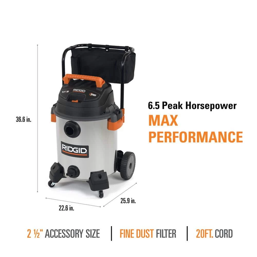 RIDGID 16 Gallon 6.5 Peak HP Stainless Steel Wet/Dry Shop Vacuum with Fine Dust Filter, Locking Hose and Accessories - Image 5