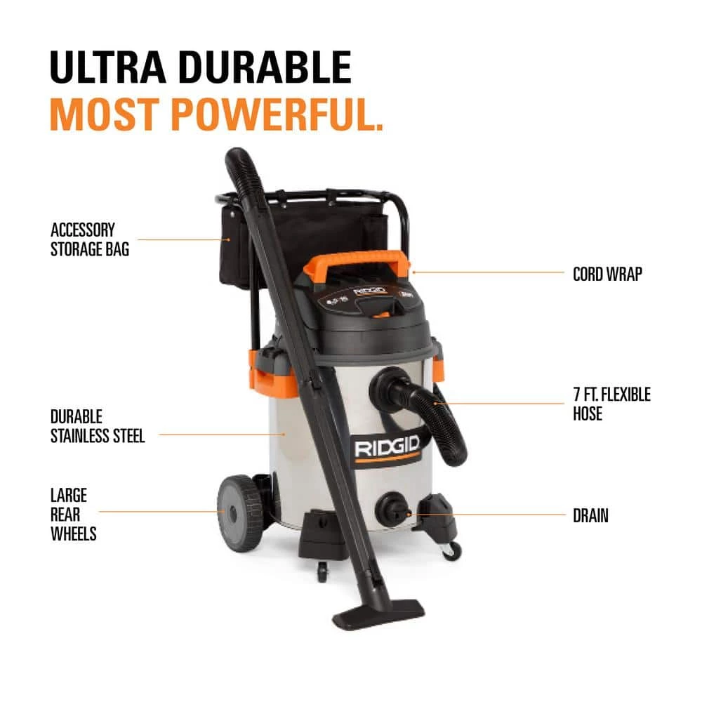 RIDGID 16 Gallon 6.5 Peak HP Stainless Steel Wet/Dry Shop Vacuum with Fine Dust Filter, Locking Hose and Accessories - Image 3