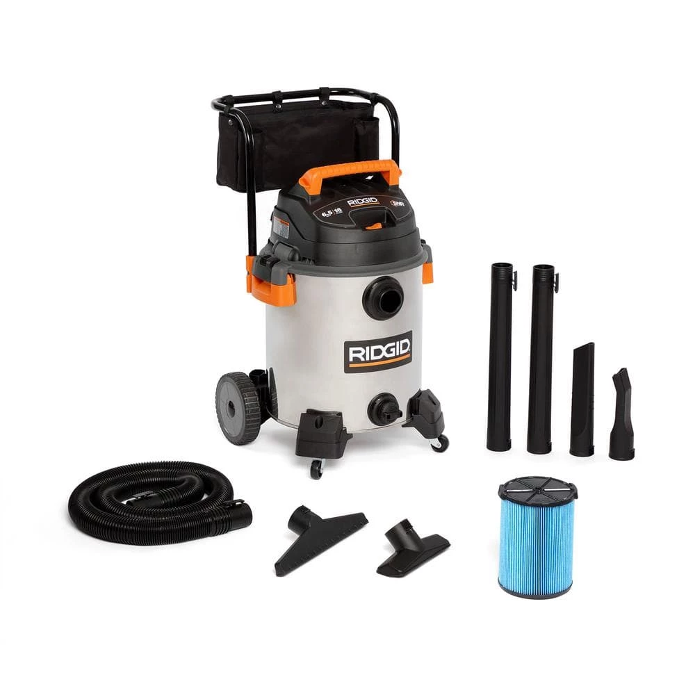 RIDGID 16 Gallon 6.5 Peak HP Stainless Steel Wet/Dry Shop Vacuum with Fine Dust Filter, Locking Hose and Accessories