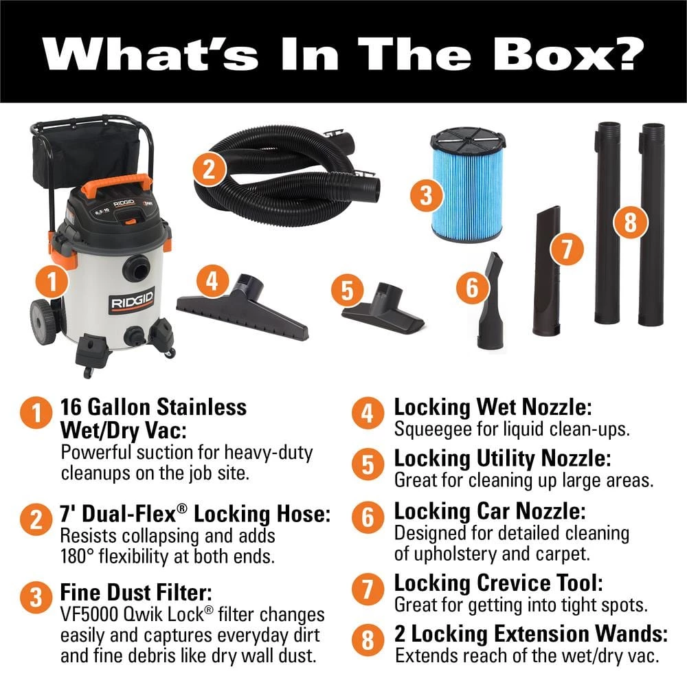 RIDGID 16 Gallon 6.5 Peak HP Stainless Steel Wet/Dry Shop Vacuum with Fine Dust Filter, Locking Hose and Accessories - Image 2