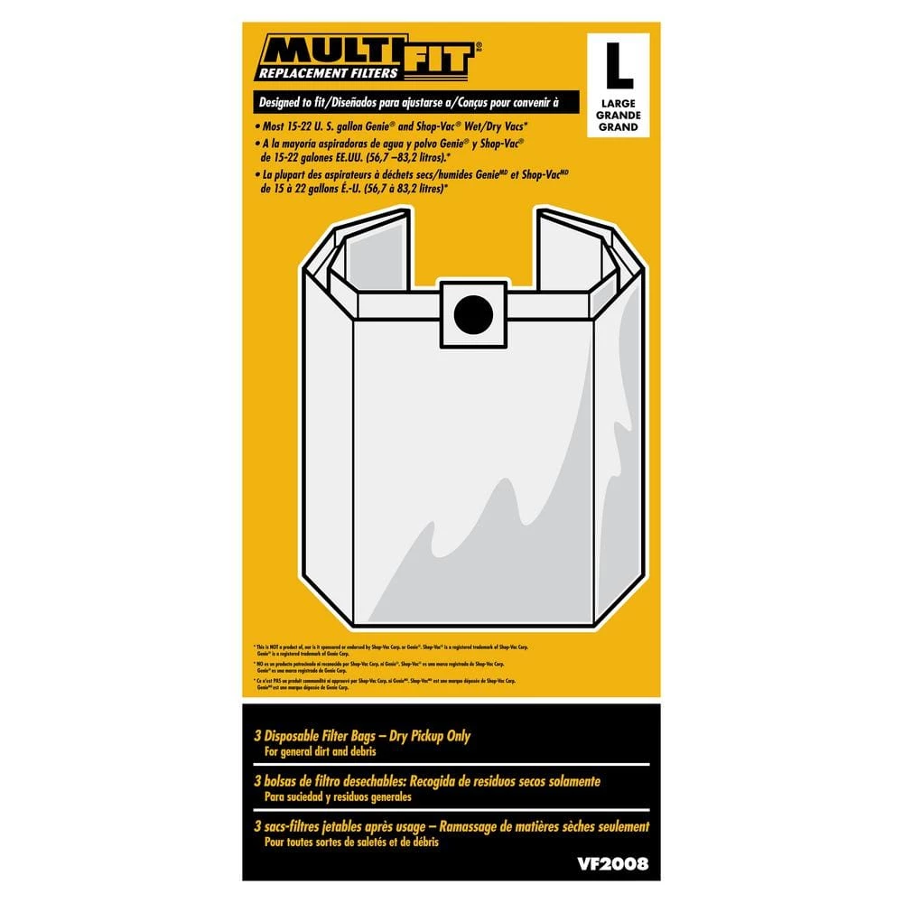 MULTI FIT 15 Gallon to 22 Gallon Dust Collection Bags for Shop-Vac Branded Wet/Dry Shop Vacuums (3-Pack) - Image 2
