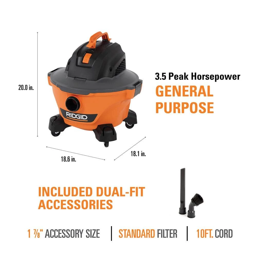RIDGID 6 Gallon 3.5 Peak HP NXT Wet/Dry Shop Vacuum with Filter, Hose, Wands, Utility Nozzle, Crevice Tool and Dusting Brush - Image 4
