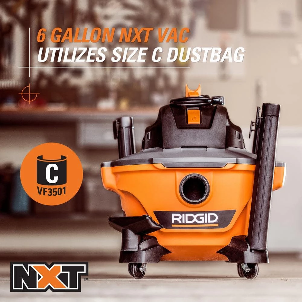 RIDGID 6 Gallon 3.5 Peak HP NXT Wet/Dry Shop Vacuum with Filter, Hose, Wands, Utility Nozzle, Crevice Tool and Dusting Brush - Image 11