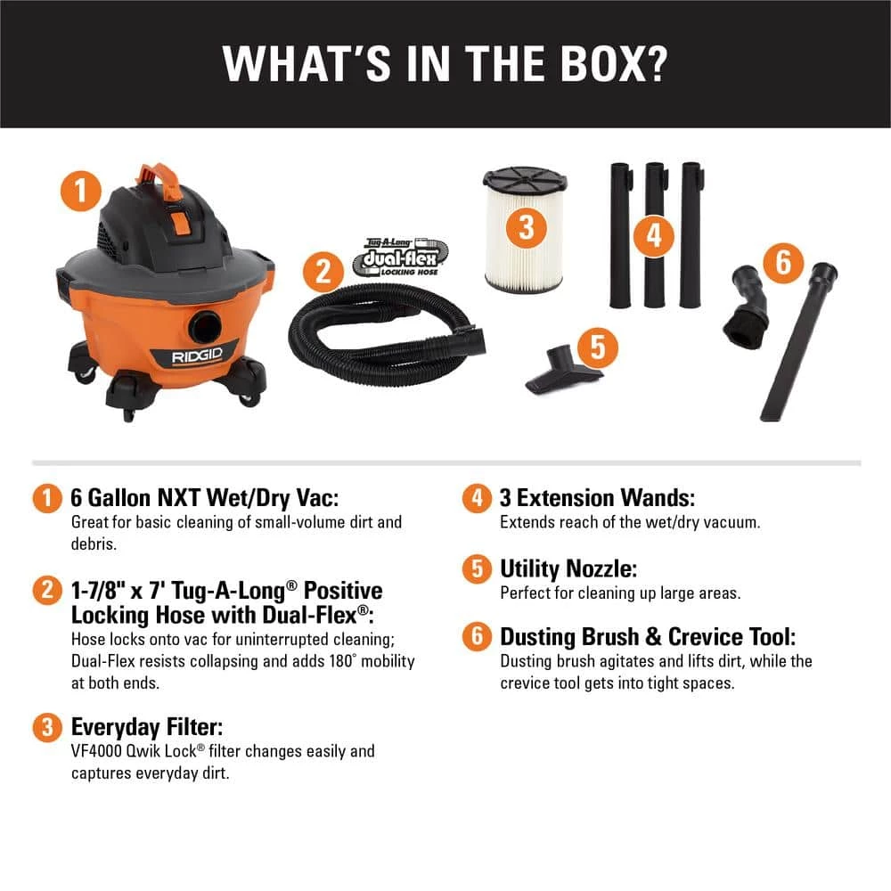 RIDGID 6 Gallon 3.5 Peak HP NXT Wet/Dry Shop Vacuum with Filter, Hose, Wands, Utility Nozzle, Crevice Tool and Dusting Brush - Image 2