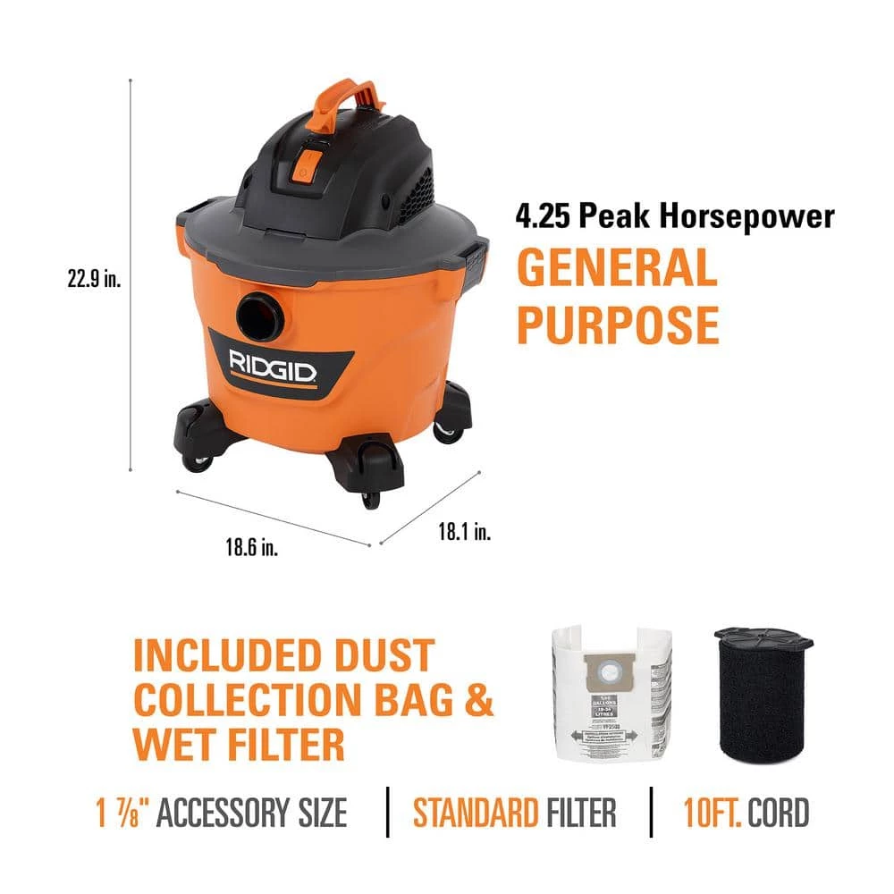 RIDGID 9 Gallon 4.25 Peak HP NXT Wet/Dry Shop Vacuum with Standard Filter, Wet Filter, Dust Bags, Locking Hose and Accessories - Image 4