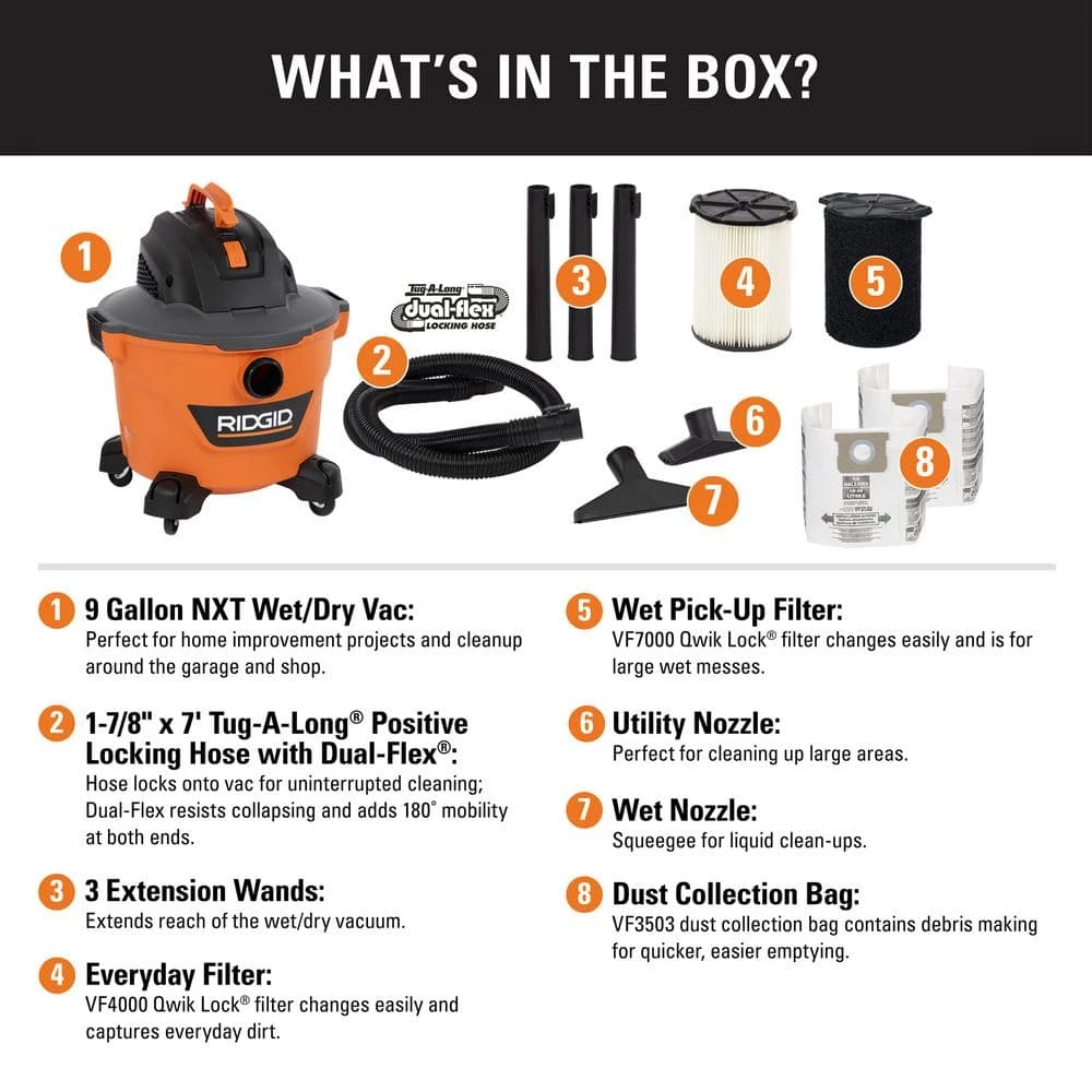 RIDGID 9 Gallon 4.25 Peak HP NXT Wet/Dry Shop Vacuum with Standard Filter, Wet Filter, Dust Bags, Locking Hose and Accessories - Image 2