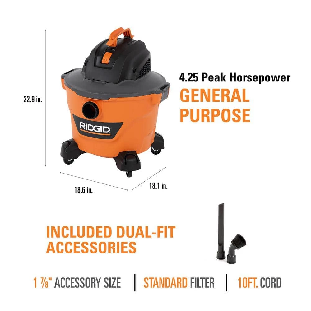 RIDGID 9 Gallon 4.25 Peak HP NXT Wet/Dry Shop Vacuum with Filter, Locking Hose, Three Extension Wands and Four Accessories - Image 4