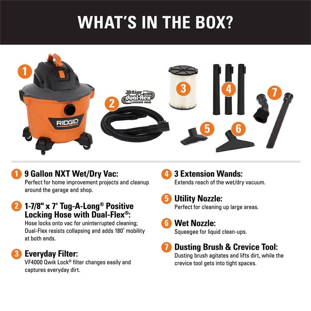 RIDGID 9 Gallon 4.25 Peak HP NXT Wet/Dry Shop Vacuum with Filter, Locking Hose, Three Extension Wands and Four Accessories - Image 2