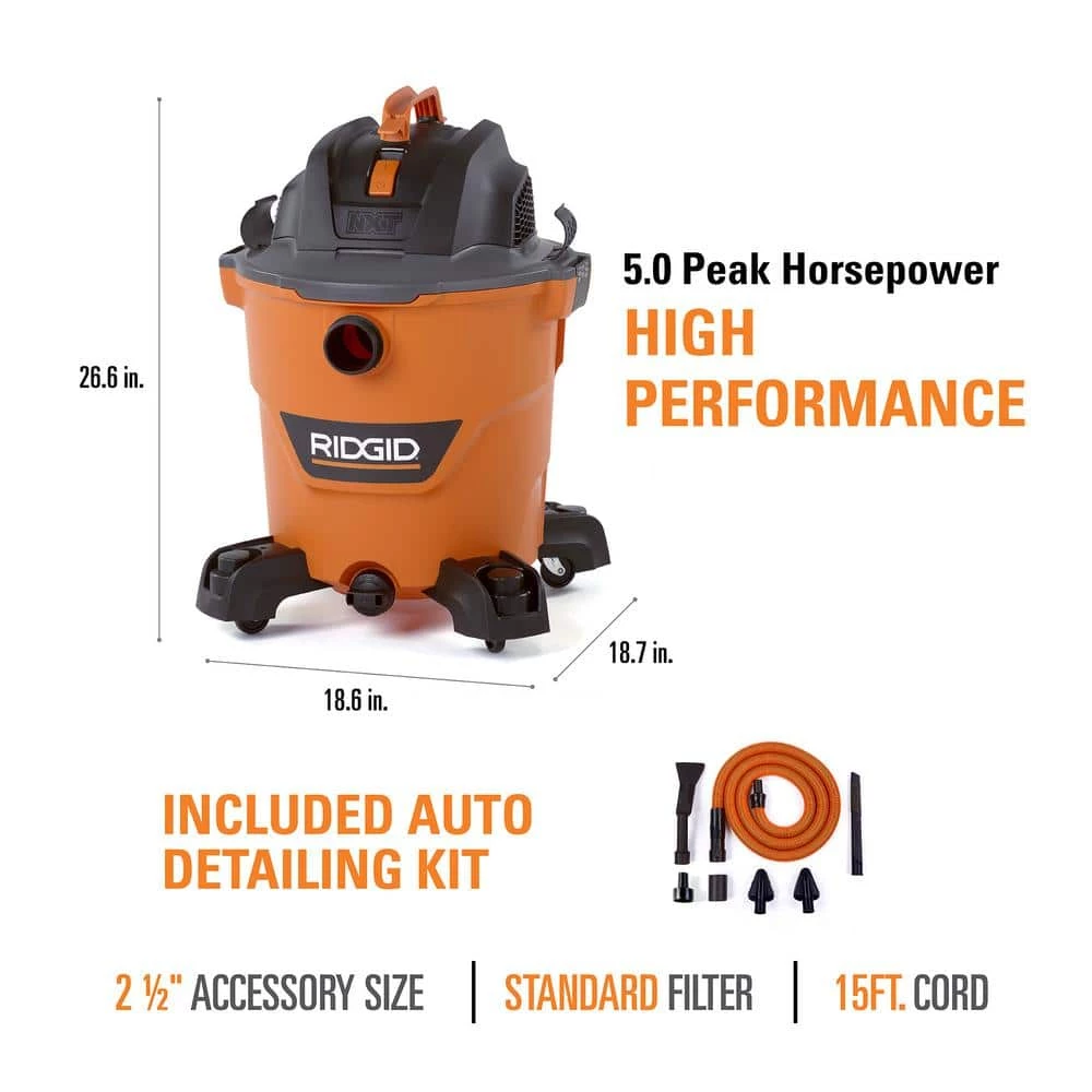 RIDGID 12 Gallon 5.0 Peak HP NXT Wet/Dry Shop Vacuum with Filter, Locking Hose, Accessories and Premium Car Cleaning Kit - Image 4