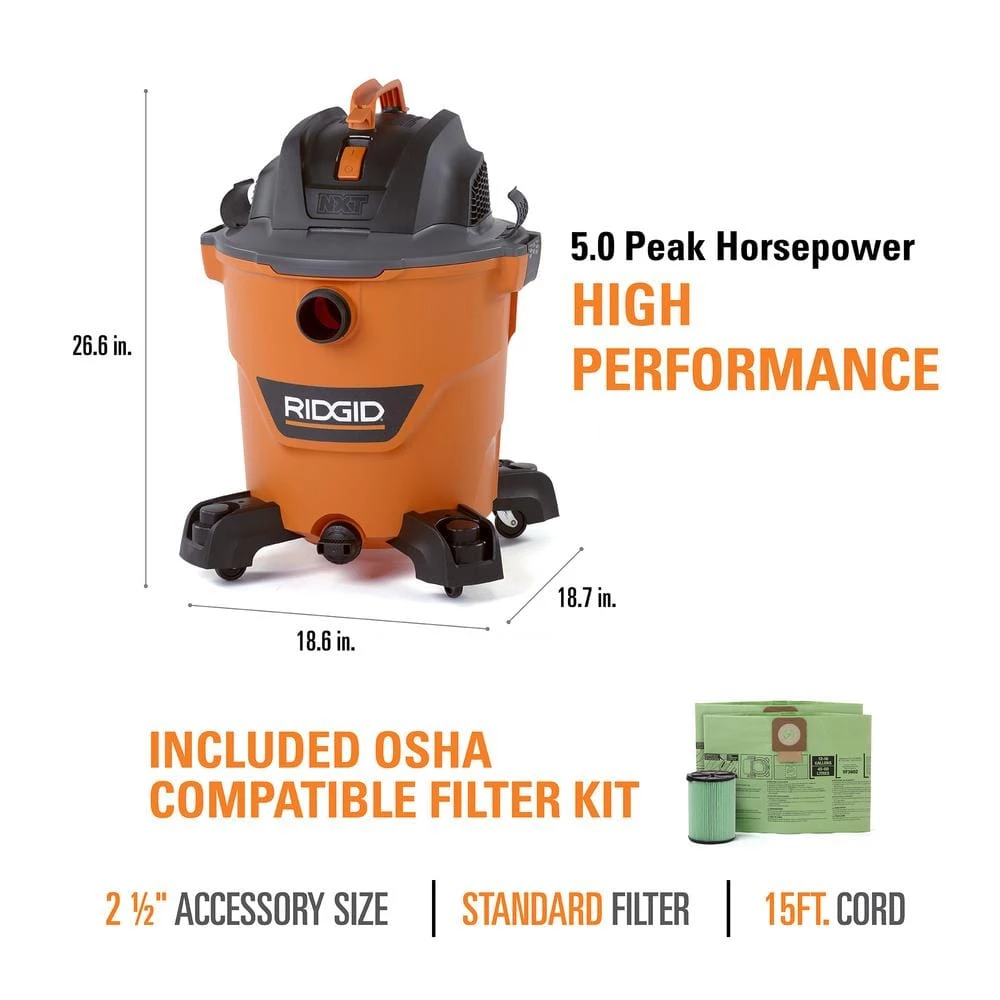 RIDGID 12 Gallon 5.0 Peak HP NXT Wet/Dry Shop Vacuum with Filter, Locking Hose, Accessories, OSHA and HEPA Filtration Kit - Image 4