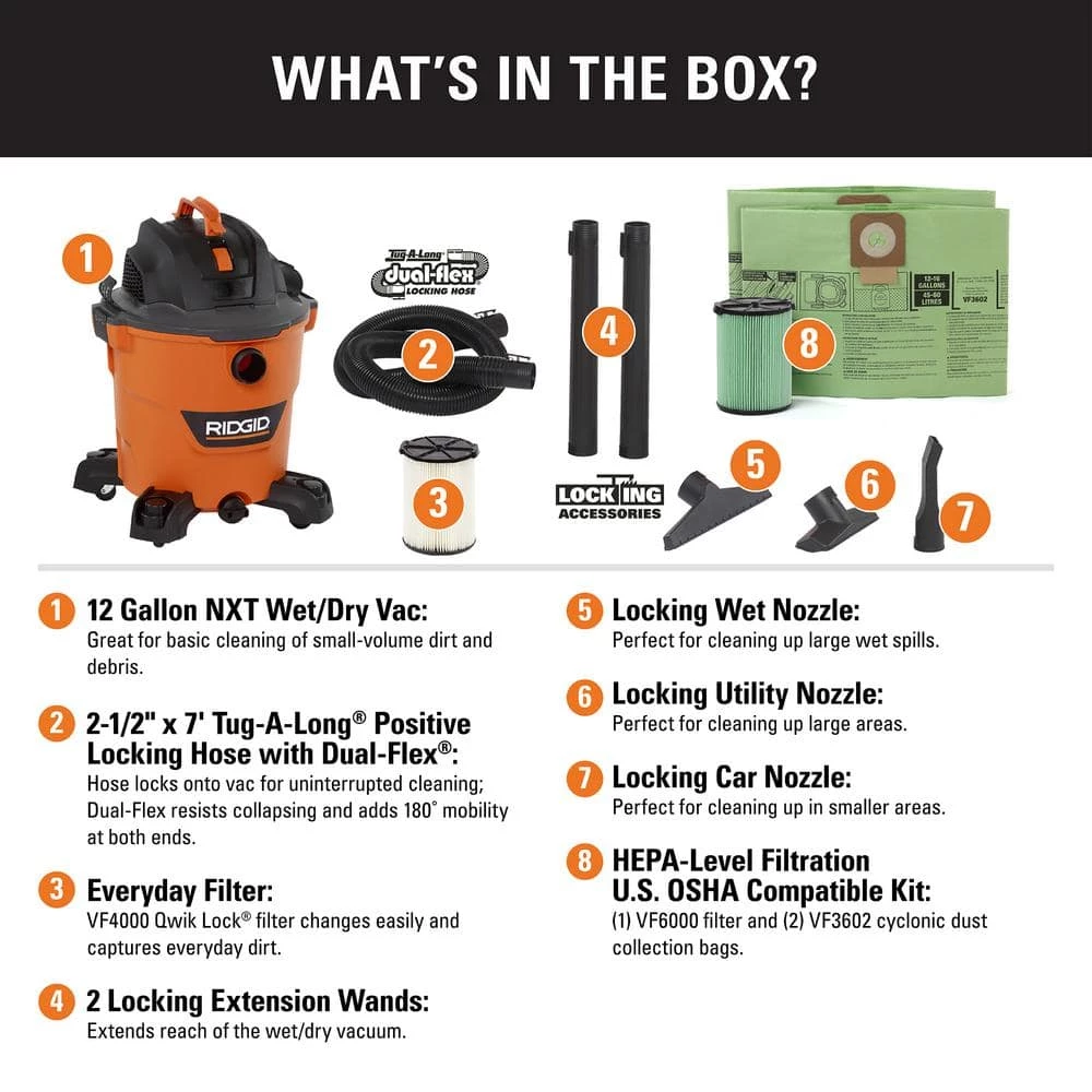 RIDGID 12 Gallon 5.0 Peak HP NXT Wet/Dry Shop Vacuum with Filter, Locking Hose, Accessories, OSHA and HEPA Filtration Kit - Image 2