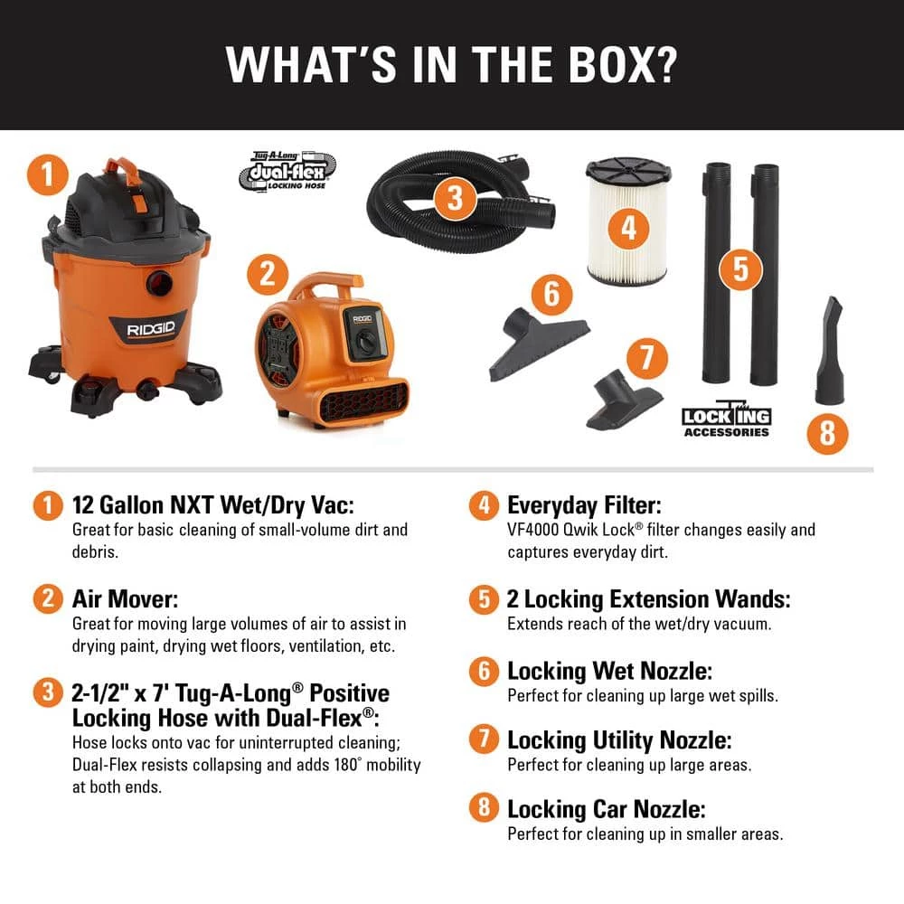 RIDGID 12 Gallon 5.0 Peak HP NXT Wet/Dry Shop Vacuum with Filter, Hose, Accessories and 600 CFM Blower Fan Air Mover - Image 2