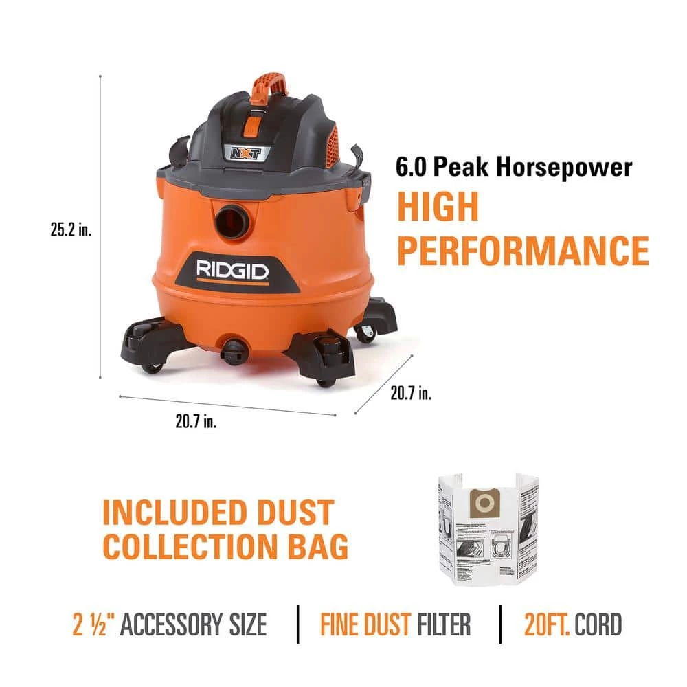 RIDGID 14 Gallon 6.0 Peak HP NXT Wet/Dry Shop Vacuum with Fine Dust Filter, Dust Bags, Locking Hose and Accessories - Image 4