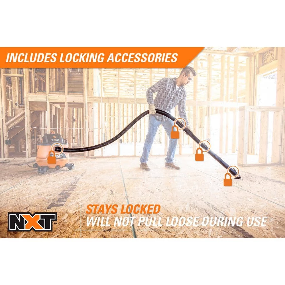 RIDGID 14 Gallon 6.0 Peak HP NXT Wet/Dry Shop Vacuum with Fine Dust Filter, Dust Bags, Locking Hose and Accessories - Image 10