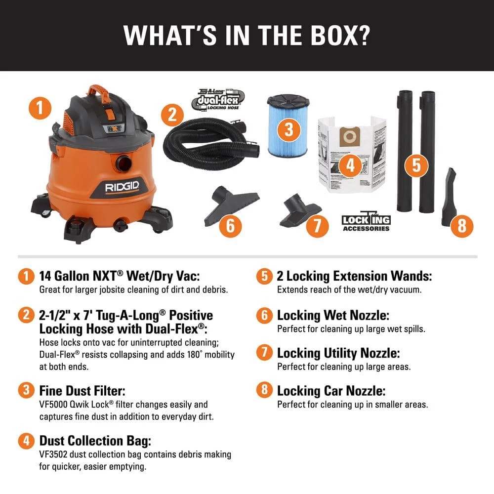 RIDGID 14 Gallon 6.0 Peak HP NXT Wet/Dry Shop Vacuum with Fine Dust Filter, Dust Bags, Locking Hose and Accessories - Image 2