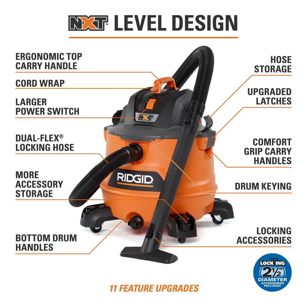 RIDGID 14 Gallon 6.0 Peak HP NXT Wet/Dry Shop Vacuum with Fine Dust Filter, Hose, Accessories and Premium Car Cleaning Kit - Image 3