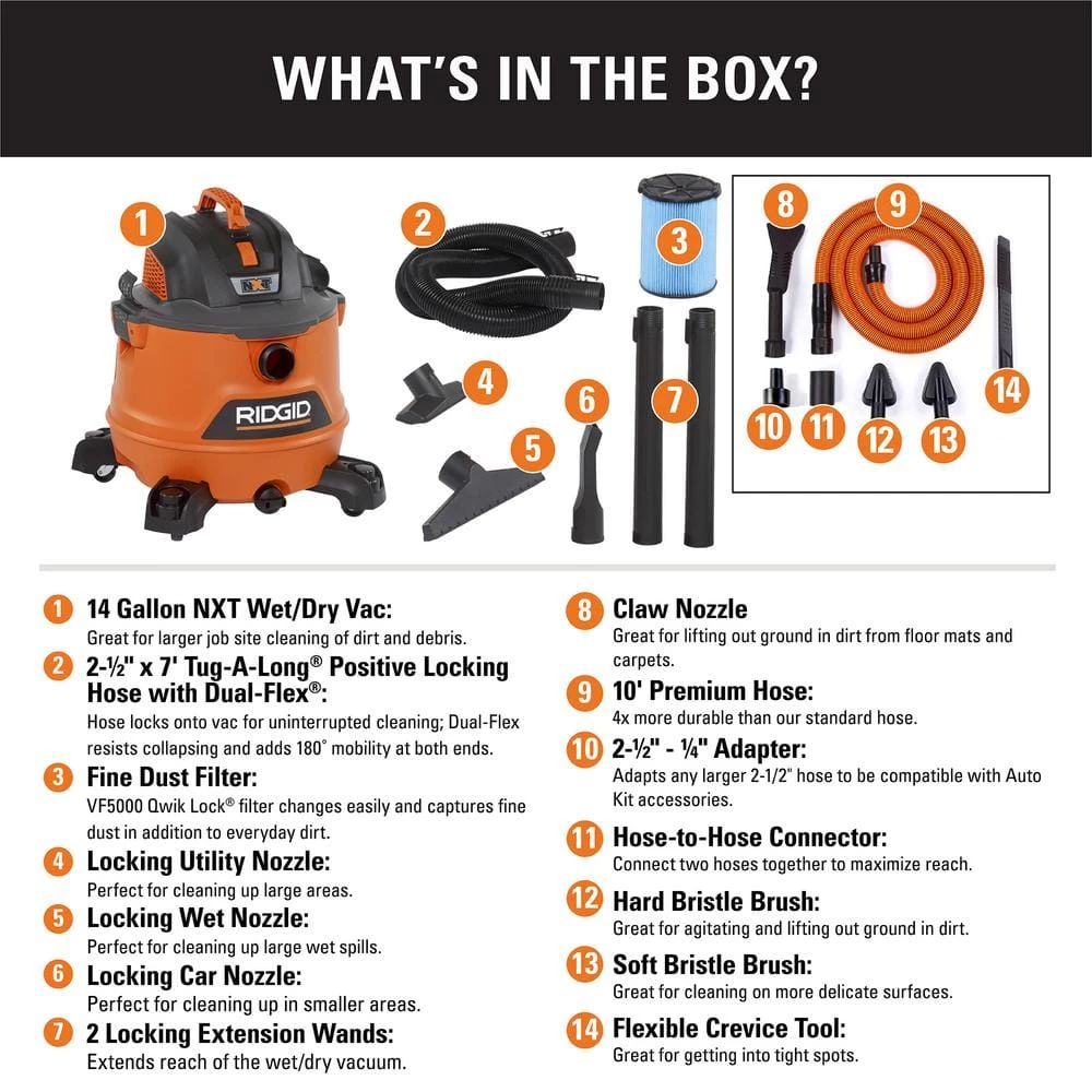 RIDGID 14 Gallon 6.0 Peak HP NXT Wet/Dry Shop Vacuum with Fine Dust Filter, Hose, Accessories and Premium Car Cleaning Kit - Image 2