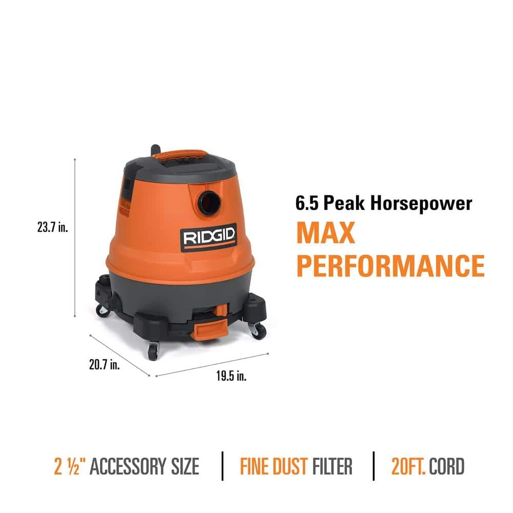 RIDGID 12 Gallon 6.5 Peak HP Motor-On-Bottom Wet/Dry Shop Vacuum with Fine Dust Filter, Locking Hose and Accessories - Image 4