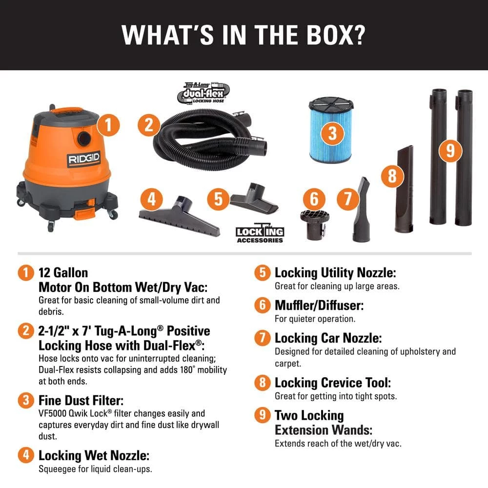 RIDGID 12 Gallon 6.5 Peak HP Motor-On-Bottom Wet/Dry Shop Vacuum with Fine Dust Filter, Locking Hose and Accessories - Image 2