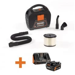 RIDGID 3 Gallon Cordless Handheld Wet/Dry Shop Vacuum with 18-Volt Lithium Ion MAX Output 4.0 Ah Battery and Charger
