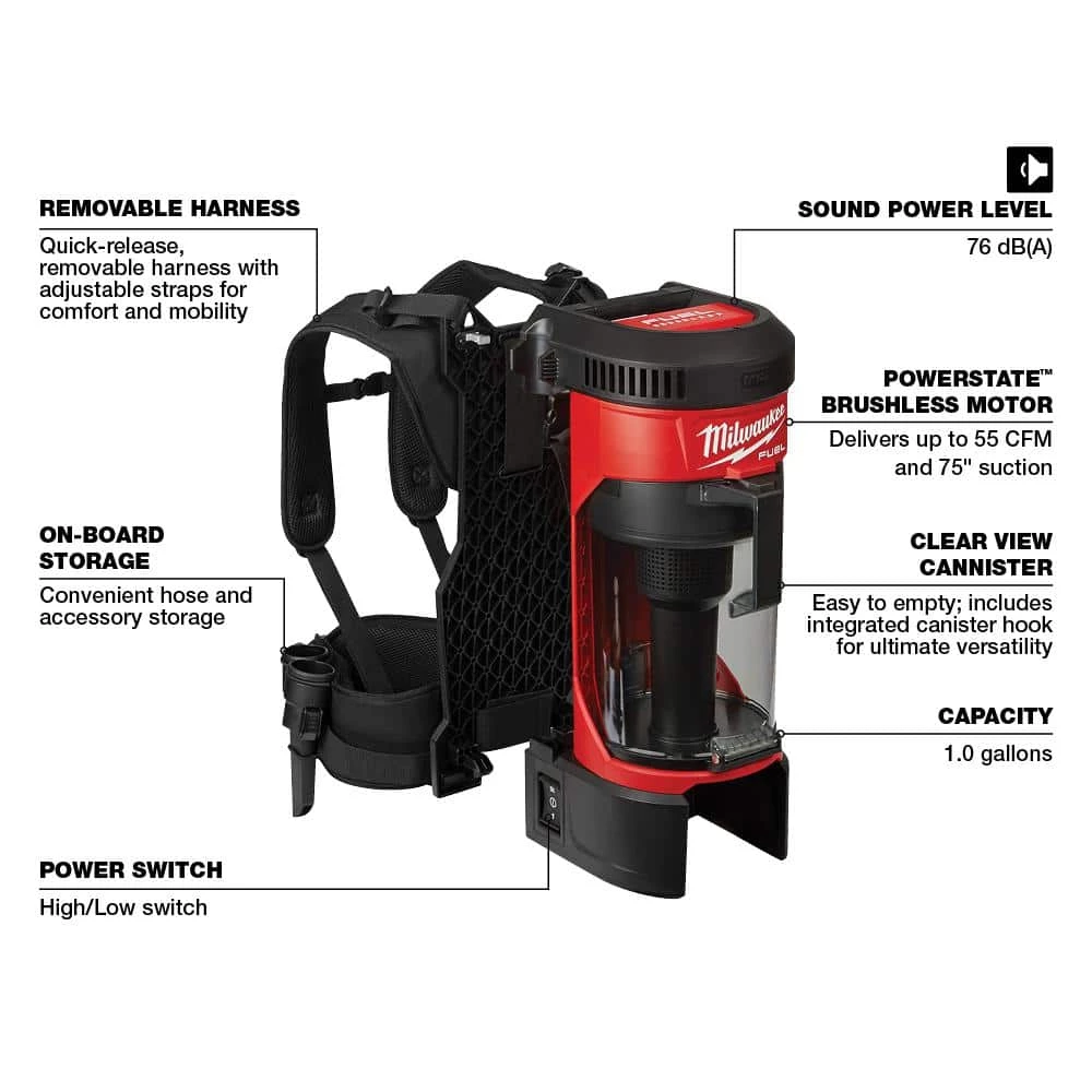 Milwaukee M18 FUEL 18-Volt Lithium-Ion Brushless 1 Gal. Cordless 3-in-1 Backpack Vacuum (Tool-Only) - Image 3