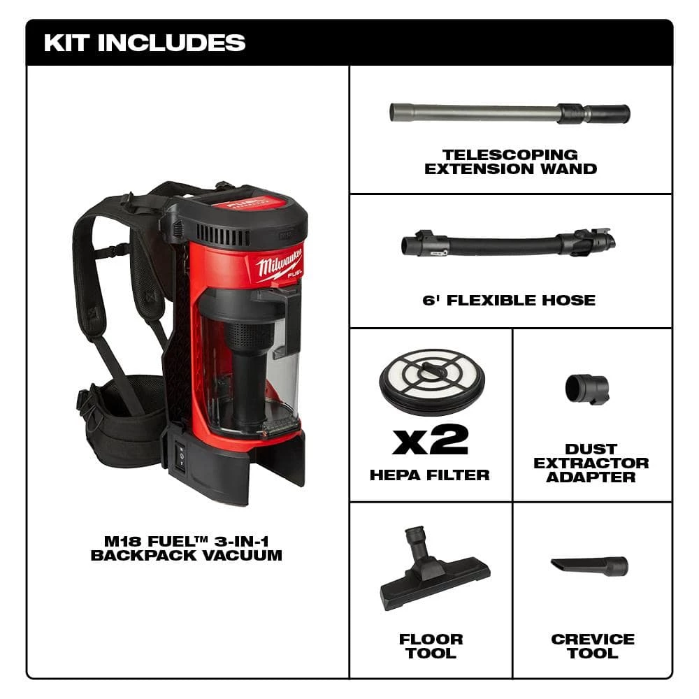 Milwaukee M18 FUEL 18-Volt Lithium-Ion Brushless 1 Gal. Cordless 3-in-1 Backpack Vacuum with Extra HEPA Filter - Image 2