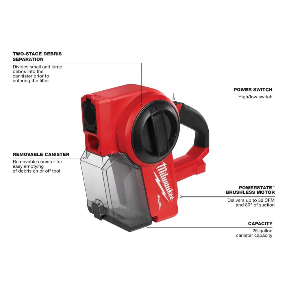 Milwaukee M18 FUEL 18-Volt Lithium-Ion Brushless 0.25 Gal. Cordless Jobsite Vacuum with Extra Filter - Image 3