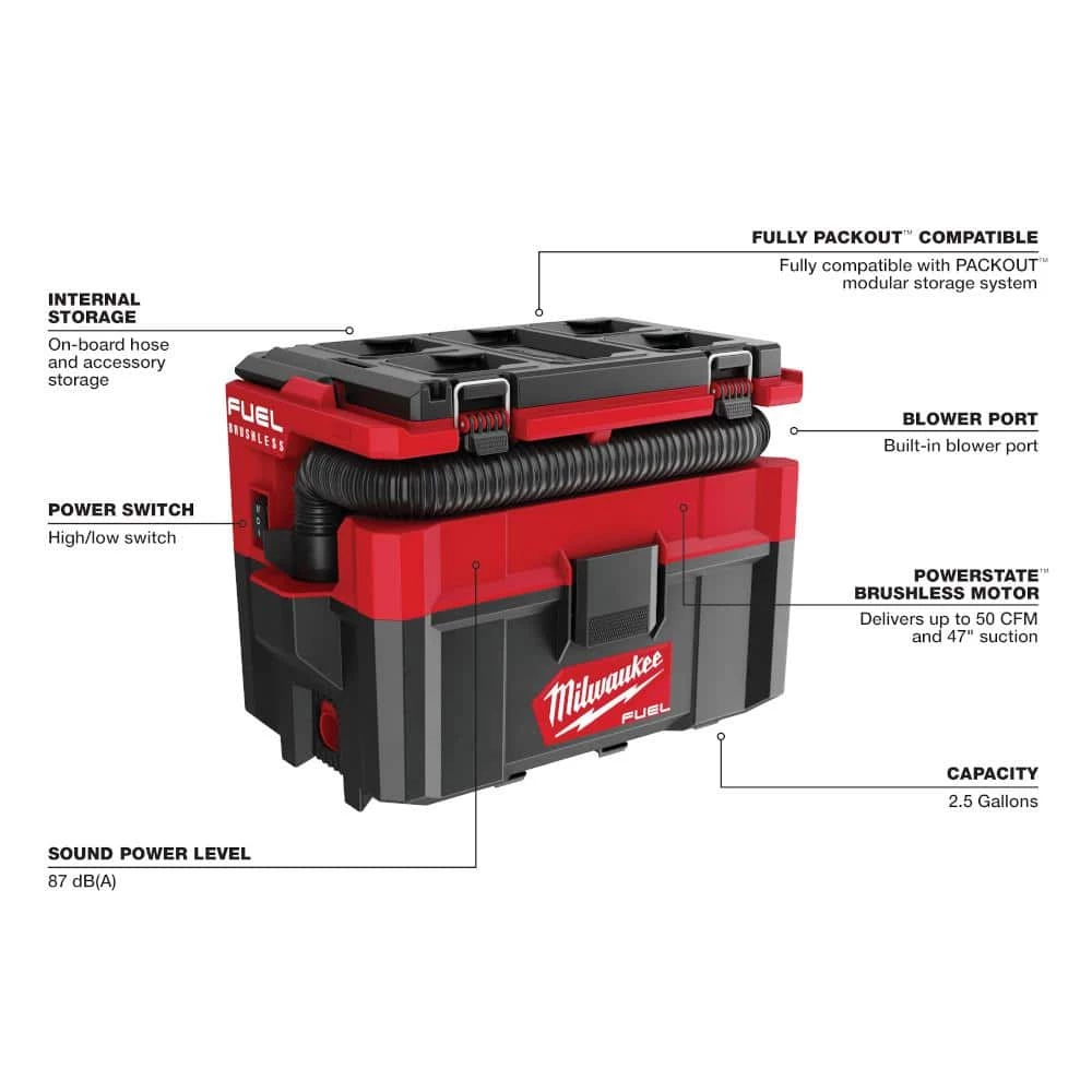 Milwaukee M18 FUEL PACKOUT 18-Volt 2.5 Gal. Wet/Dry Vacuum with 1/2 in. Hammer Drill/Driver and Battery and Charger - Image 4