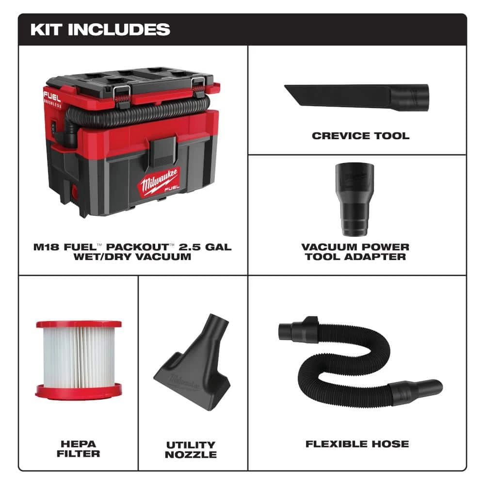 Milwaukee M18 FUEL PACKOUT 18-Volt Lithium-Ion Cordless 2.5 Gal. Wet/Dry Vacuum with (2) M18 HIGH OUTPUT 6.0 Ah Batteries - Image 2