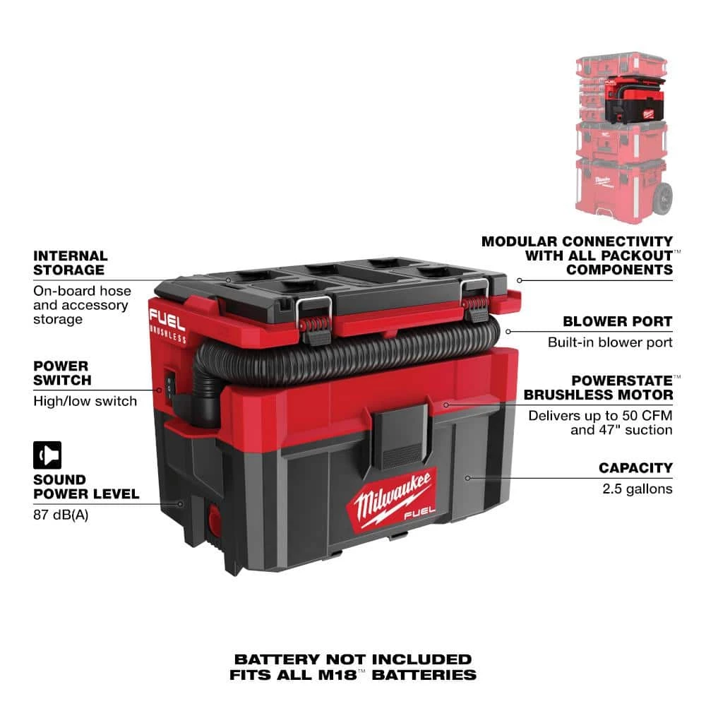 Milwaukee M18 FUEL PACKOUT Cordless 2.5 Gal. Wet/Dry Vacuum w/AIR-TIP 1-1/4 in. - 2-1/2 in. (4-Piece) Debree and Conduit Line Kit - Image 3