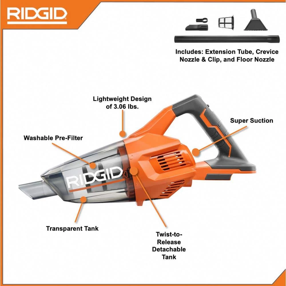 RIDGID 18V Cordless Hand Vacuum with Crevice Nozzle, Utility Nozzle, Extension Tube, and 2.0 Ah Lithium-Ion Battery - Image 3