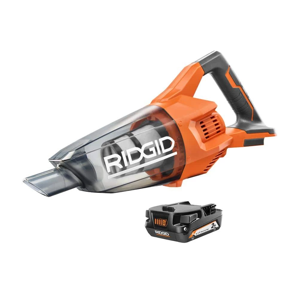 RIDGID 18V Cordless Hand Vacuum with Crevice Nozzle, Utility Nozzle, Extension Tube, and 2.0 Ah Lithium-Ion Battery